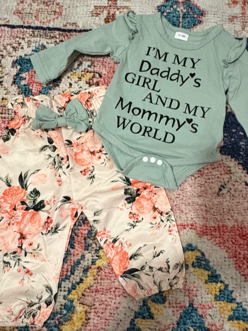 Mint Green Long-Sleeve Bodysuit & Floral Pants Matching Set
